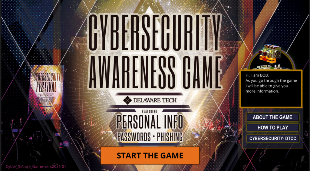 Screen shot of first screen of the CyberSecutity Game for students.
